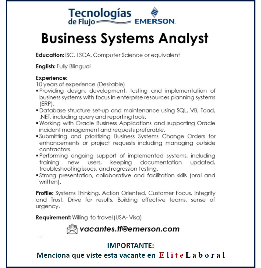 VACANTE BUSINESS SYSTEMS ANALYST