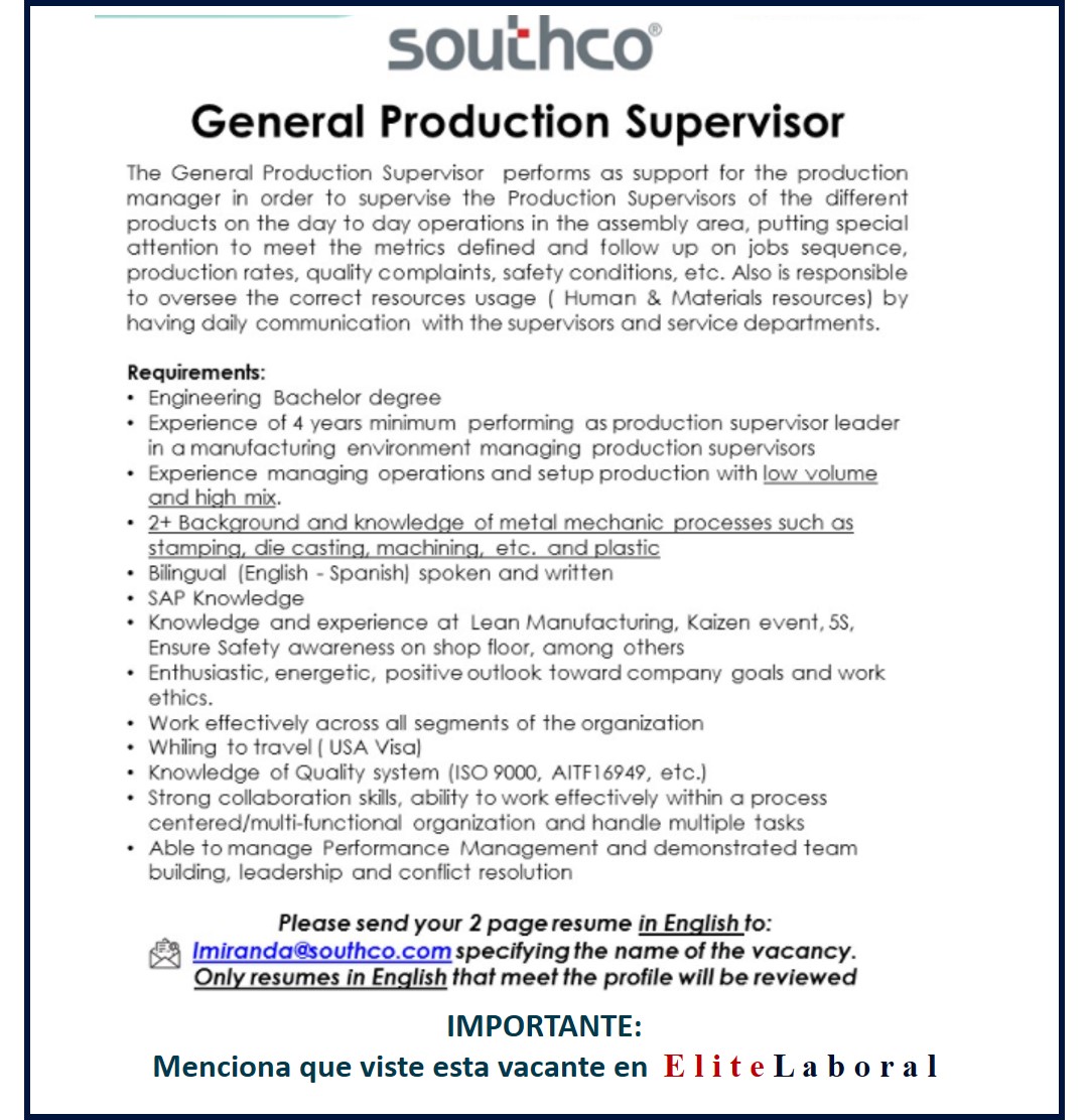 VACANTE GENERAL PRODUCTION SUPERVISOR