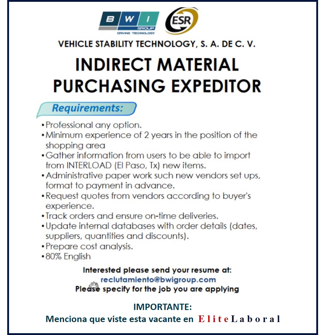 VACANTE INDIRECT MATERIAL PURCHASING EXPEDITOR