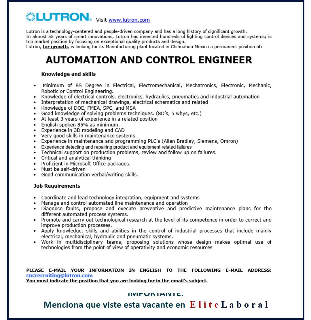 VACANTE AUTOMATION AND CONTROL ENGINEER LUTRON
