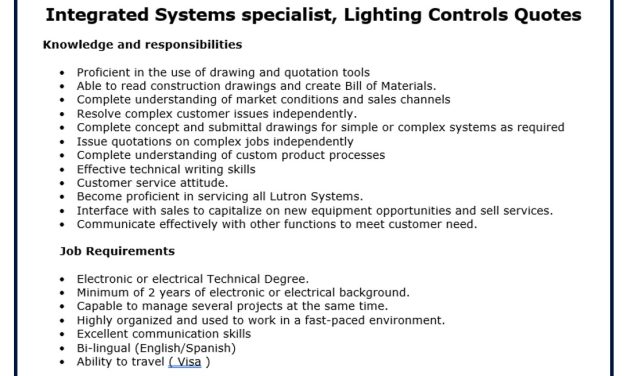 VACANTE INTEGRATED SYSTEMS SPECIALIST LIGHTING CONTROLS QUOTES LUTRON