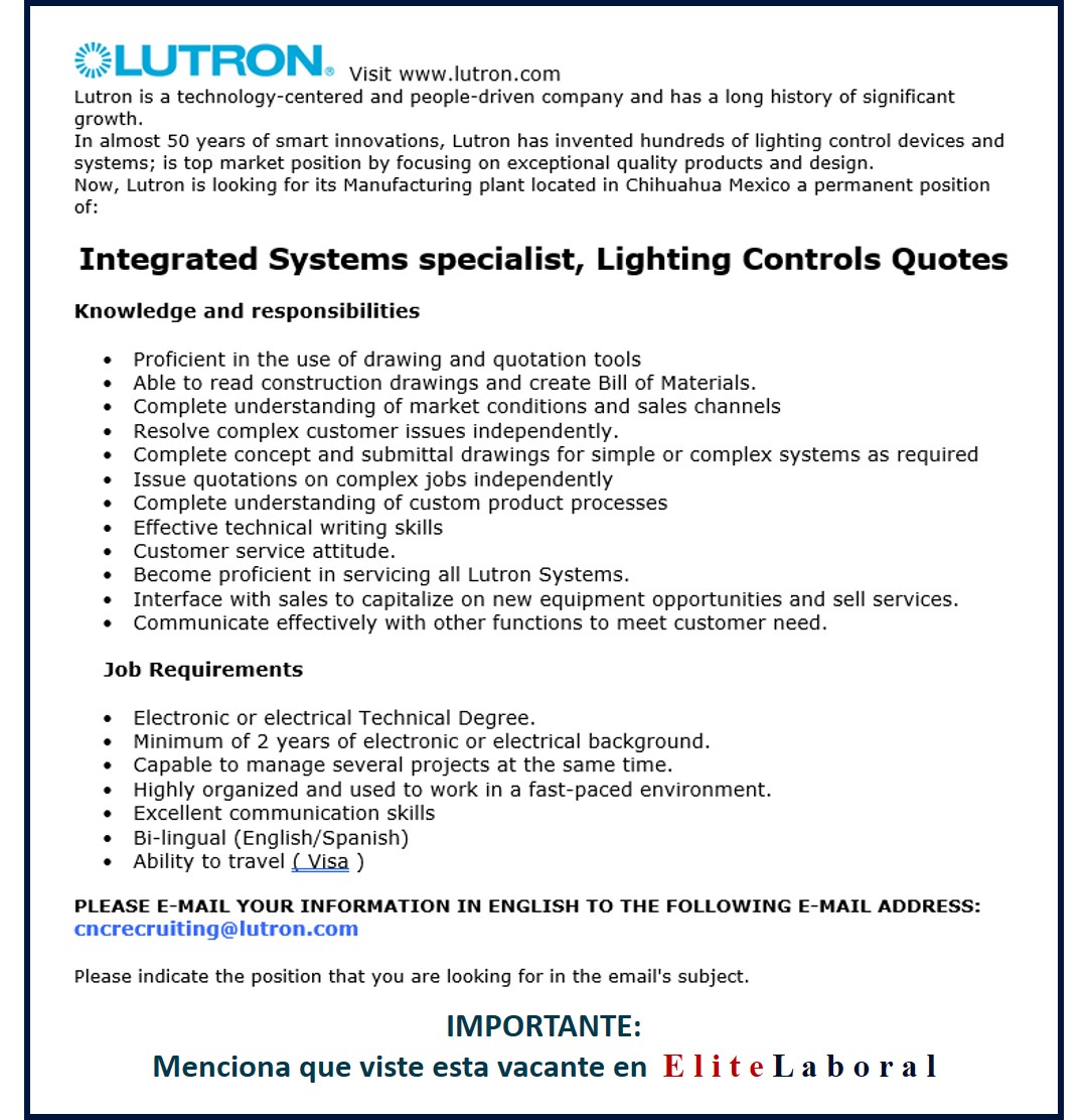 VACANTE INTEGRATED SYSTEMS SPECIALIST LIGHTING CONTROLS QUOTES LUTRON
