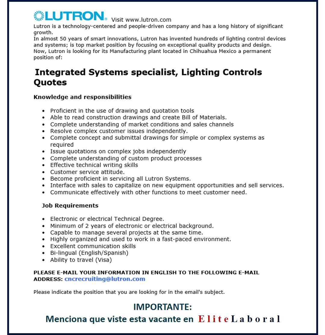 VACANTE INTEGRATED SYSTEMS SPECIALIST LIGHTING CONTROLS QUOTES