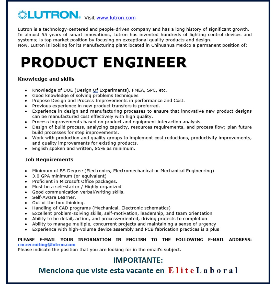 VACANTE PRODUCT ENGINEER LUTRON