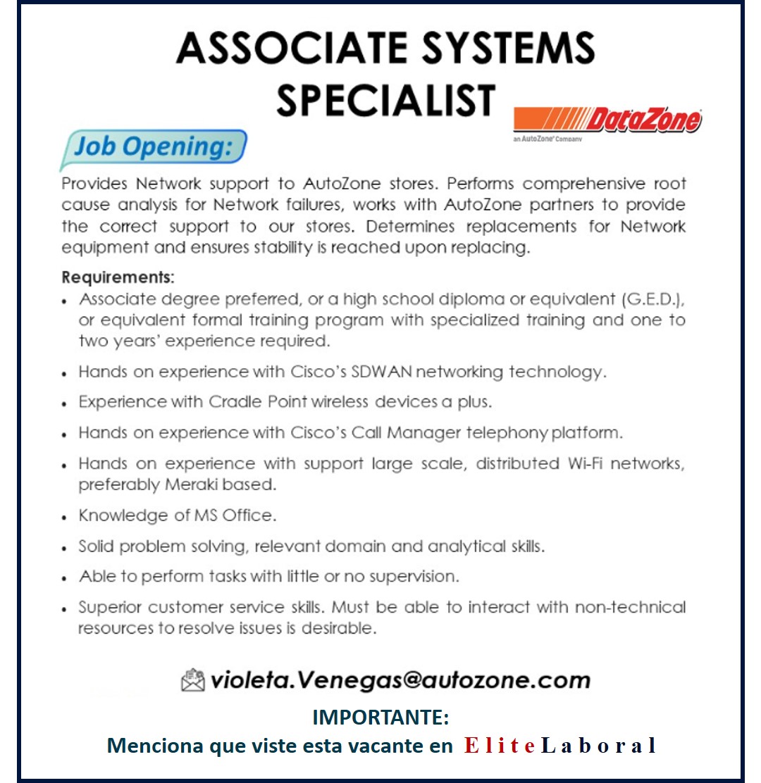 VACANTE ASSOCIATE SYSTEMS SPECIALIST