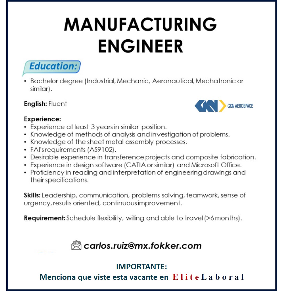VACANTE MANUFACTURING ENGINEER