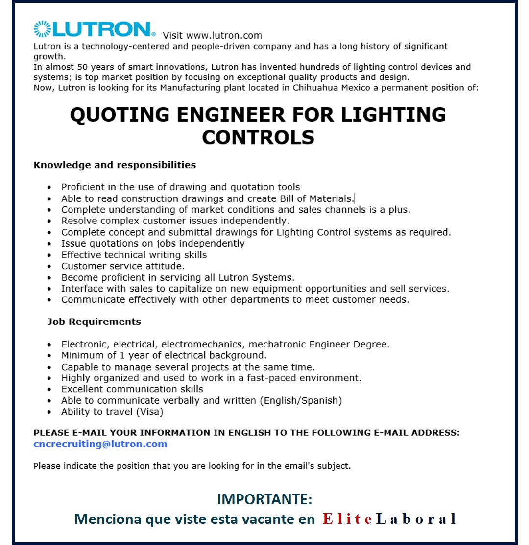 VACANTE QUOTING ENGINEER FOR LIGHTING CONTROLS LUTRON