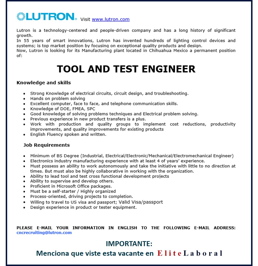 VACANTE TOOL AND TEST ENGINEER LUTRON