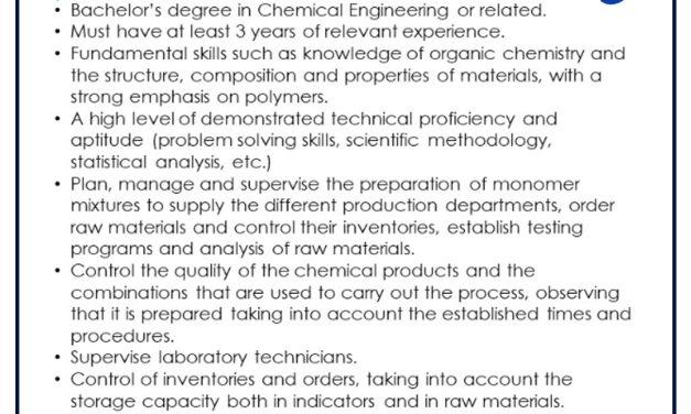 VACANTE CHEMICAL ENGINEER SR