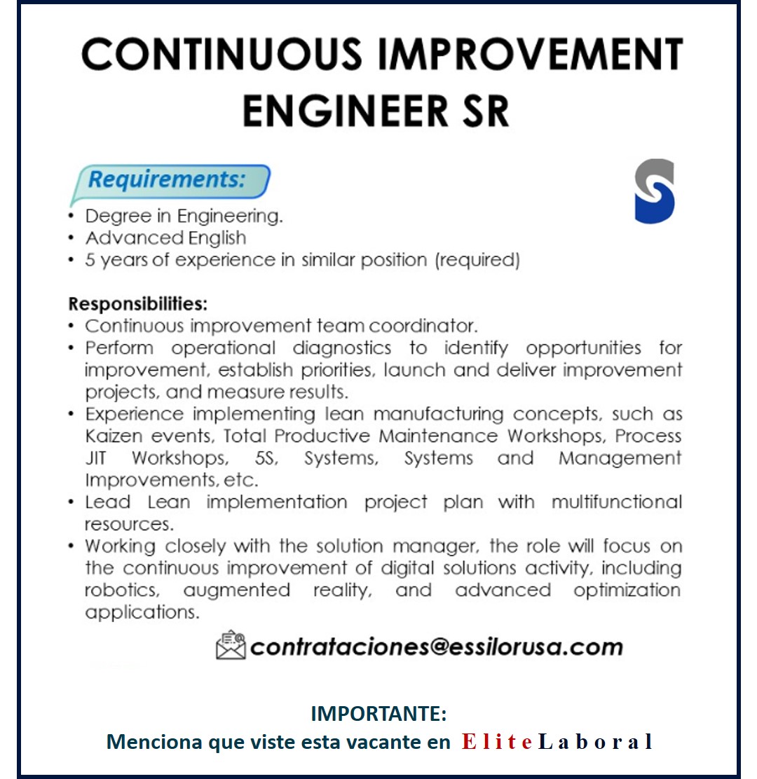 VACANTE CONTINUOUS IMPROVEMENT ENGINEER SR