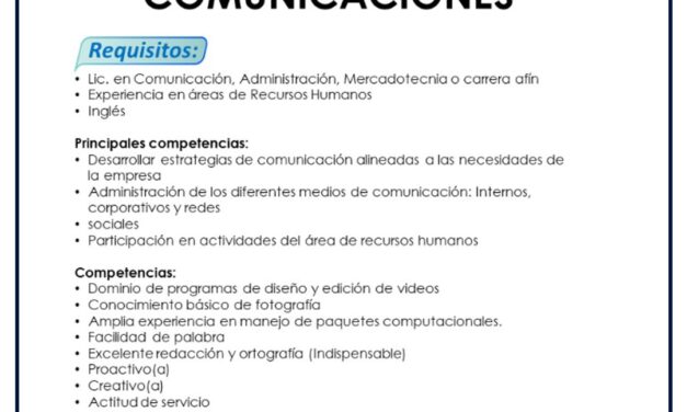 VACANTE ESPECIALISTA DE COMUNICACIONES