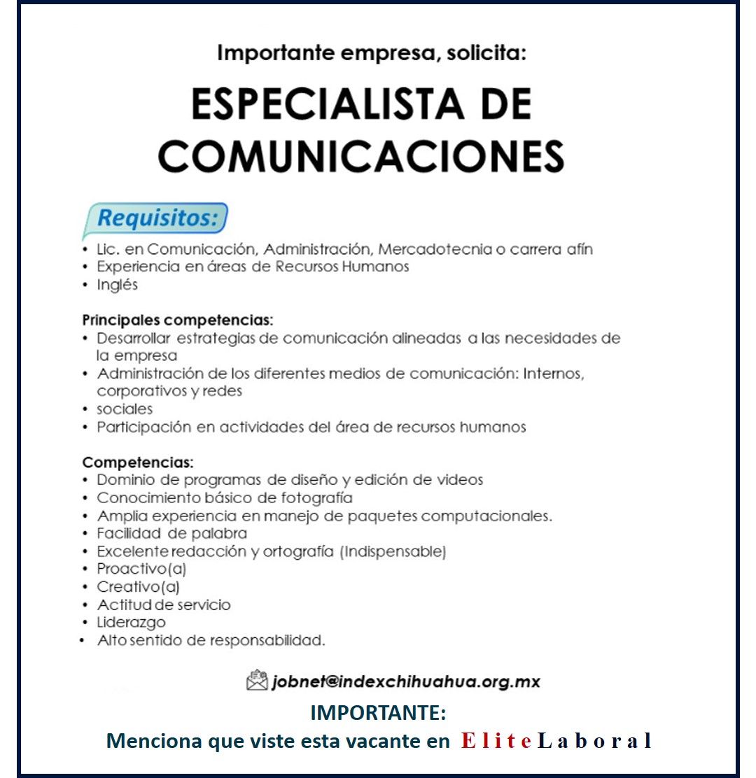 VACANTE ESPECIALISTA DE COMUNICACIONES