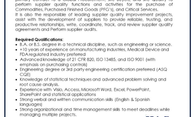 VACANTE SR SUPPLIER QUALITY ENGINEER