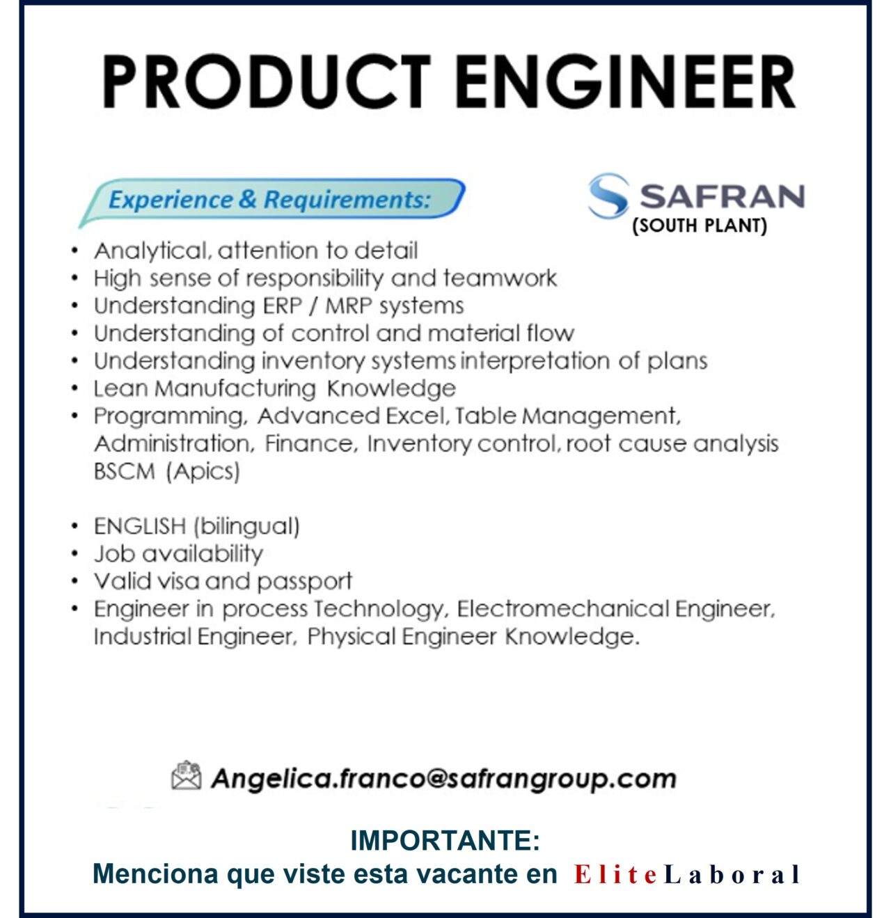 VACANTE PRODUCT ENGINEER