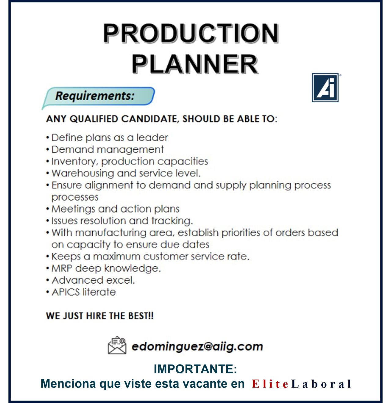 VACANTE PRODUCTION PLANNER