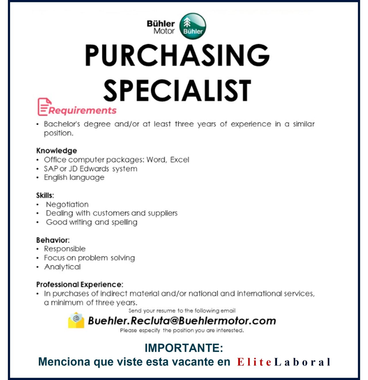 VACANTE PURCHASING SPECIALIST