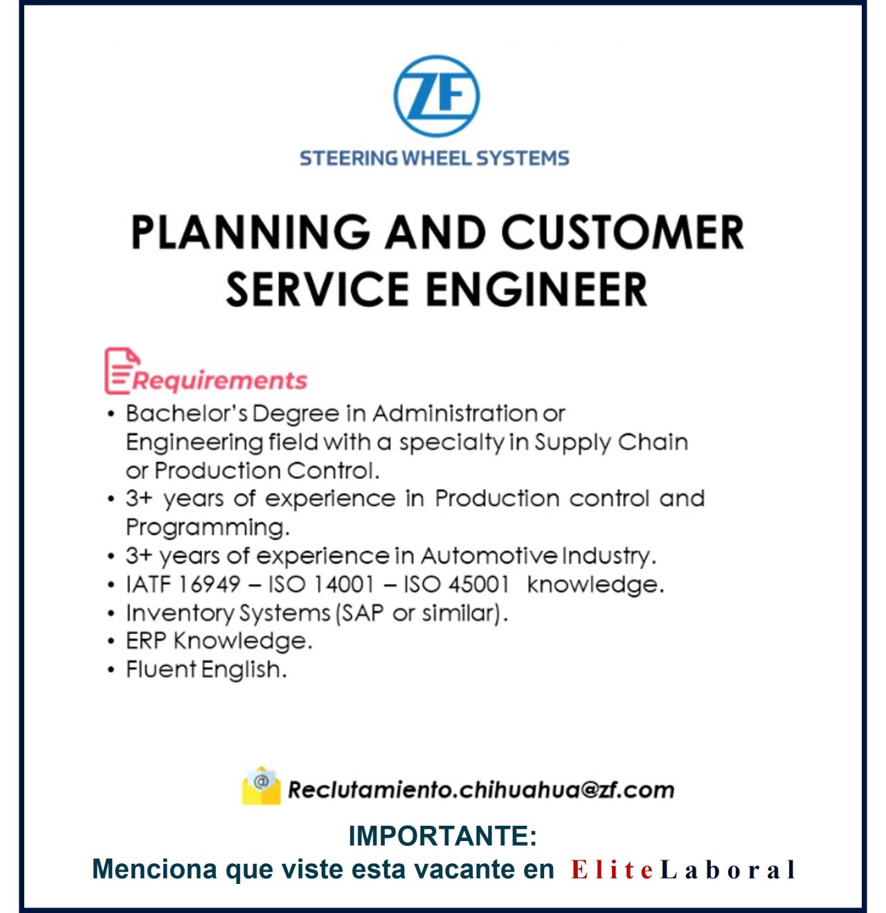 VACANTE PLANNING AND CUSTOMER SERVICE ENGINEER