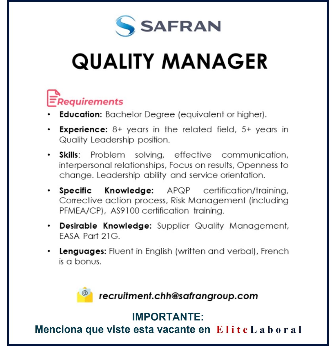 VACANTE QUALITY MANAGER