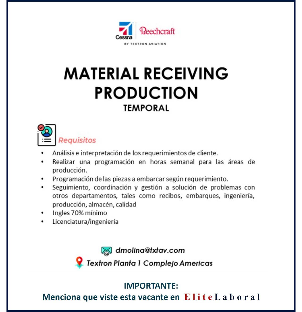 VACANTE MATERIAL RECEIVING PRODUCTION